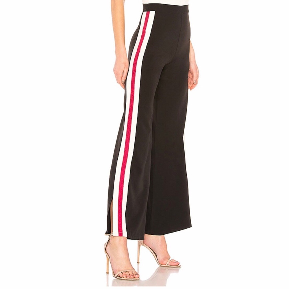 Lovers Friends high-rise track stripe black pants, wide leg side slits sz small